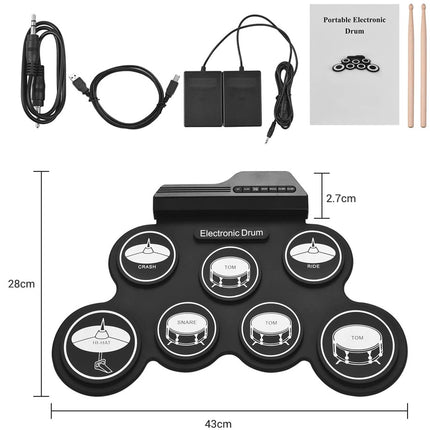 Portable electronic drum set with dimensions, cables, and sticks on a white background