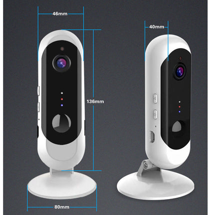 White security camera with dimensions on a black background