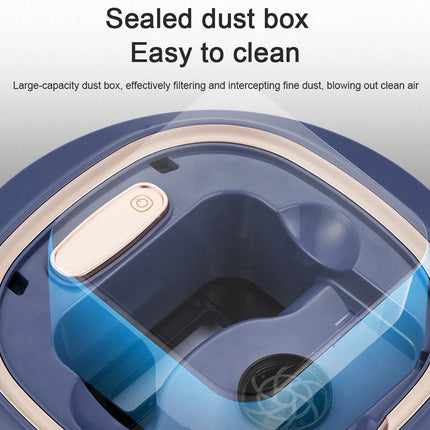 Close-up of a robot vacuum cleaner with a sealed dust box feature highlighted.