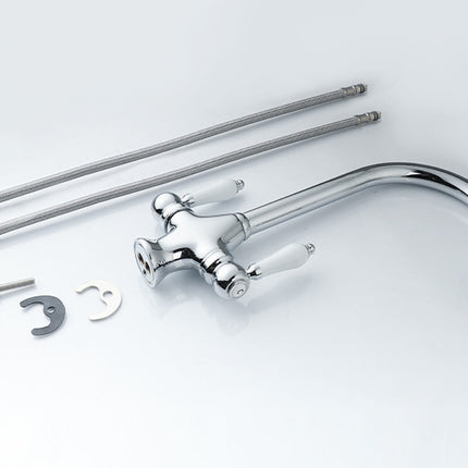 Chrome kitchen faucet set with additional parts on a white background