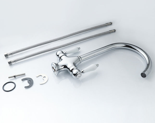 Chrome kitchen faucet set with additional parts on a white background