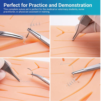 Suture practice set with tools on a training model, suitable for medical or veterinary students.