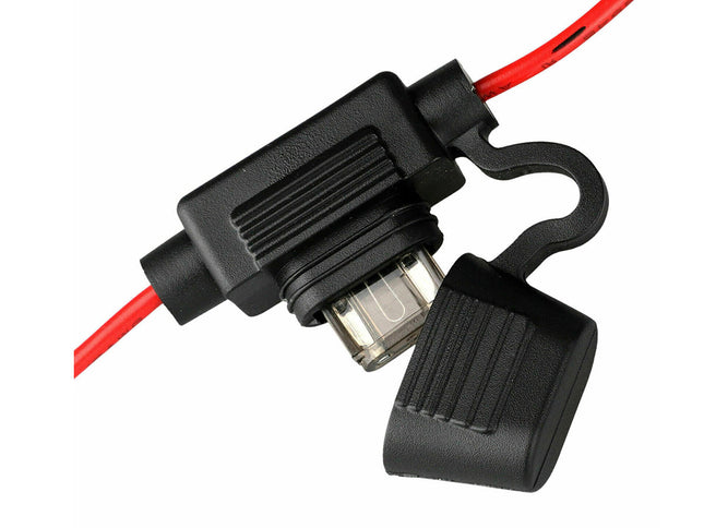 Black electrical connector with red wire on a white background