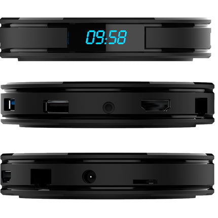 Three views of a black round electronic device, likely a smart speaker or media player, showing the top display with blue LED numbers, side ports, and the back connectors on a white background.