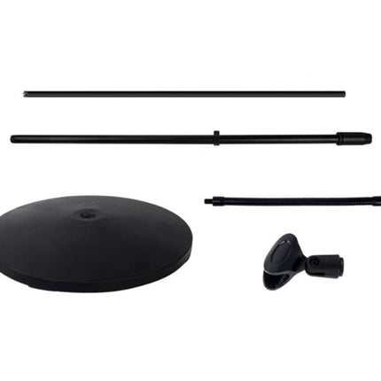 Black stand with circular base and three extension poles on a white background