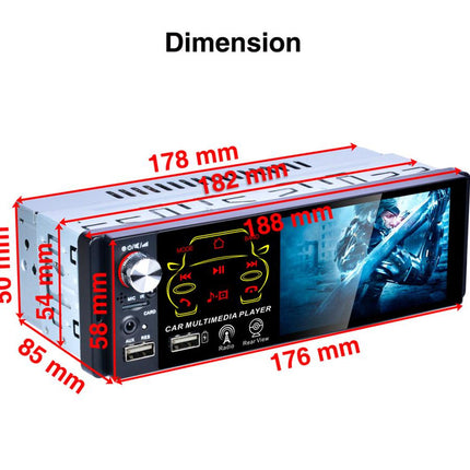 A car multimedia player shown with red dimension lines and labels indicating width, height, and depth measurements on a white background.