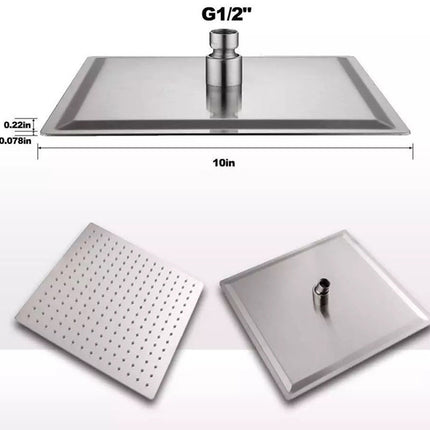 Stainless steel square drain cover with a 10-inch by 10-inch size and G1/2" connection, shown with dimension markings and two additional views of the product on a white background.