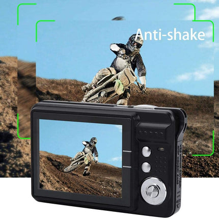 Camera with screen displaying a motocross rider, labeled 'Anti-shake', against a dirt bike track background.