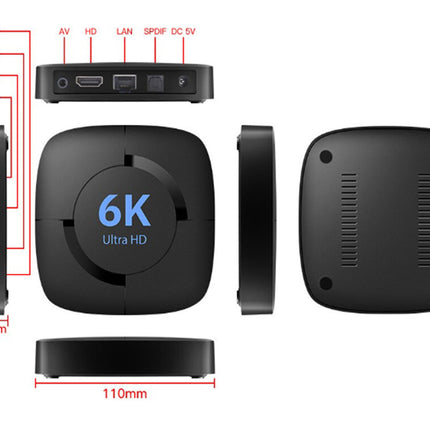 Black electronic device with 6K Ultra HD label, showing front, back, and side views with dimensions.