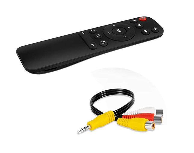 Black remote control with audio/video cable on a white background
