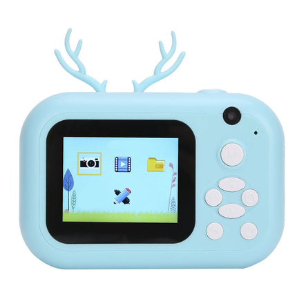 Children's blue digital camera with screen and button controls on a white background