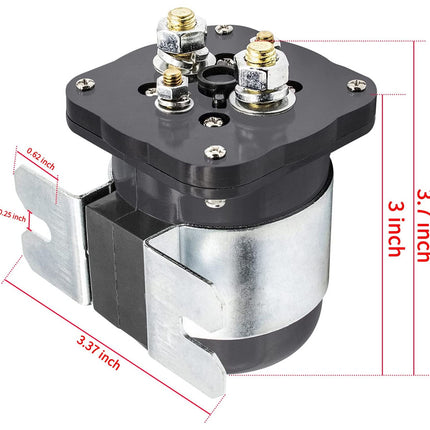 A black and silver cylindrical electrical terminal block with brass screw terminals, shown with red dimension lines and text indicating measurements of 3.7 inch height and 3.