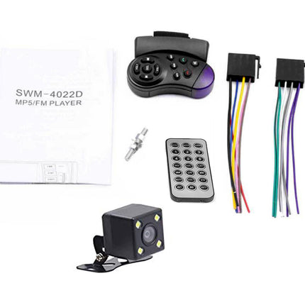 SWM-4022D MPS/FM player kit with a black controller, remote control, rear camera, wiring harnesses, mounting hardware, and a white instruction booklet on a white background.