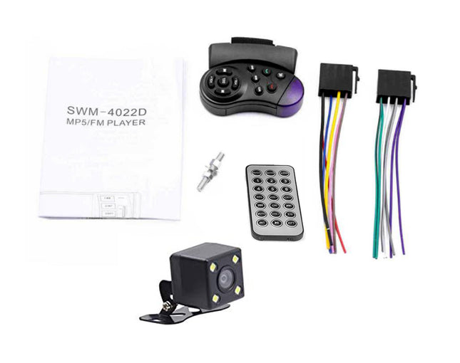 SWM-4022D MPS/FM player kit with a black controller, remote control, rear camera, wiring harnesses, mounting hardware, and a white instruction booklet on a white background.