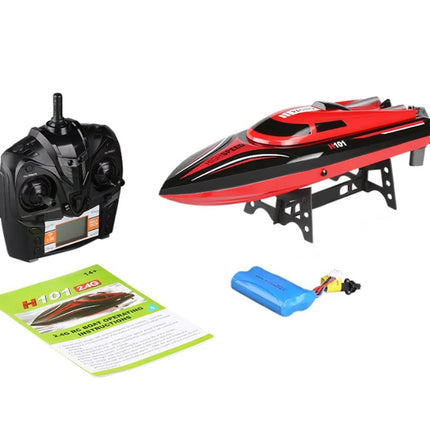 Red and black remote control boat with controller, battery, and manual on a white background
