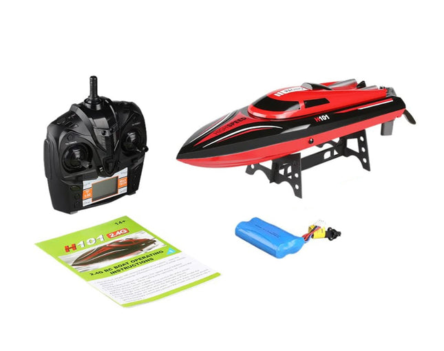 Red and black remote control boat with controller, battery, and manual on a white background