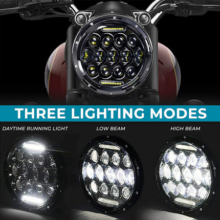 Motorcycle headlight with three lighting modes displayed on a black background