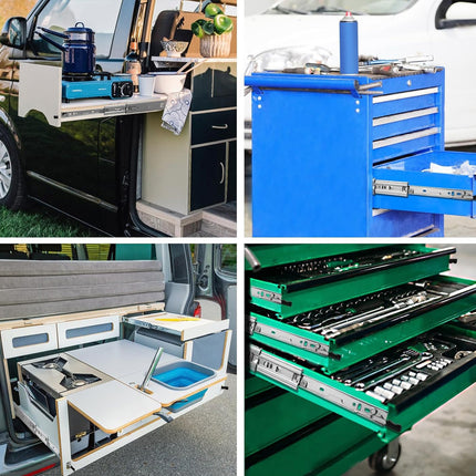 Collage of various toolboxes and storage solutions with open drawers.