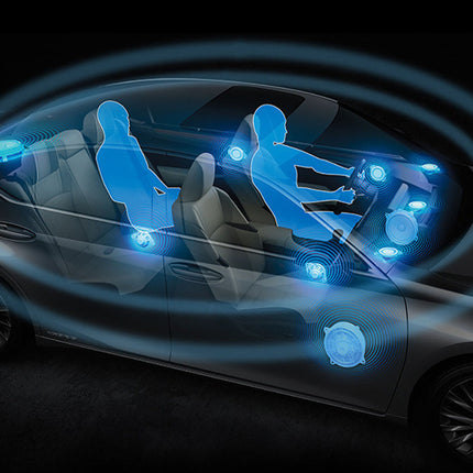 Car interior with blue light indicators around the seats on a black background