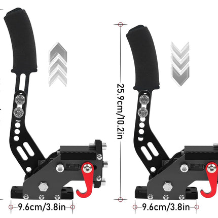 Pair of black foot pegs with measurements on a white background