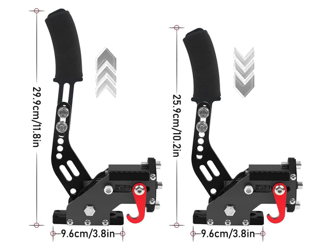 Pair of black foot pegs with measurements on a white background