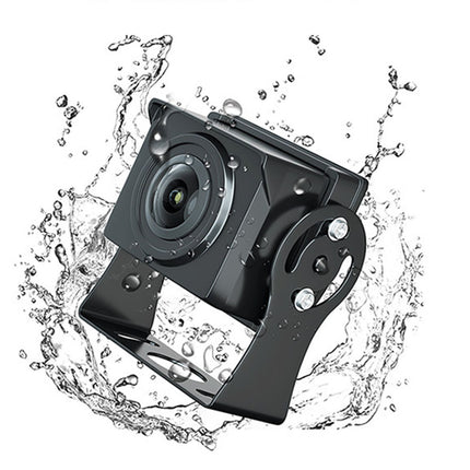 Black camera with water splashes around it on a white background