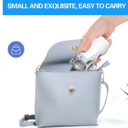 Hand holding a small white bottle over a light blue handbag with text 'Small and Exquisite, Easy to Carry'.