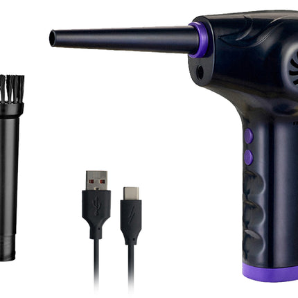 Black handheld device with attachments and USB cable on a white background