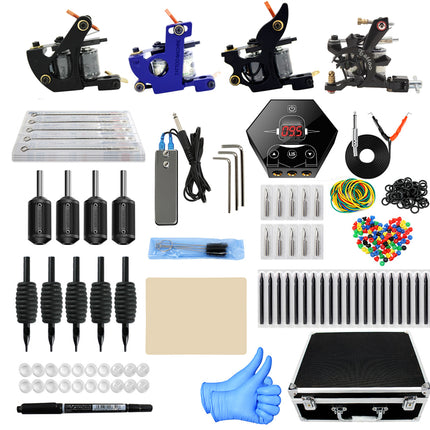 Collection of tattoo machine guns, ink cartridges, needles, and accessories on a white background