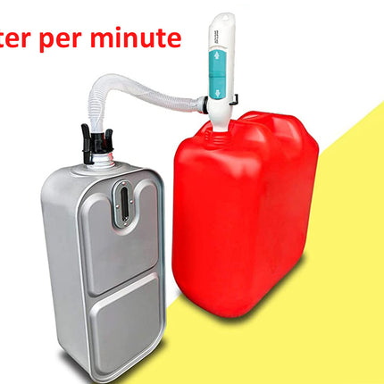 A portable fuel pump or fuel transfer device shown with a red plastic jerrycan and a gray rectangular container, with a white hose connecting them. Red text in the top left reads '9 liter per minute'.