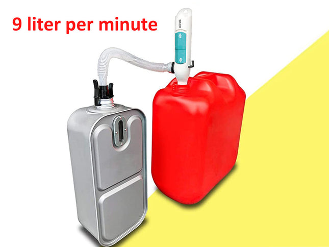 A portable fuel pump or fuel transfer device shown with a red plastic jerrycan and a gray rectangular container, with a white hose connecting them. Red text in the top left reads '9 liter per minute'.