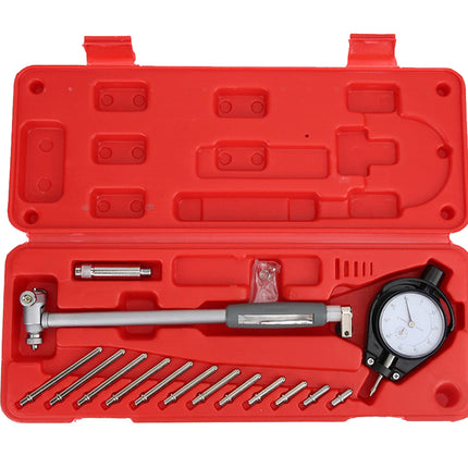 Mechanical measurement tool set with a red case on a white background