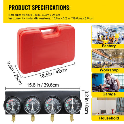 Product specifications and dimensions for a red hard carrying case and a black multi-gauge tool set, with small photos showing use in a factory, workshop, garage, and household setting.