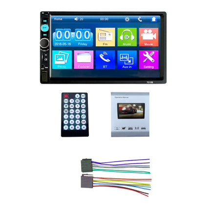 Car multimedia system with touchscreen display, remote control, and wiring harness on a white background