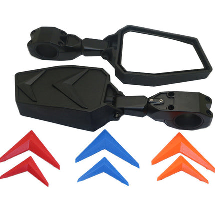 A pair of black motorcycle handlebar mirror assemblies with three pairs of colored reflectors in red, blue, and orange, displayed on a clean white background.
