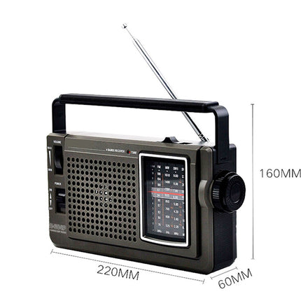 Black radio with dimensions labeled on a white background