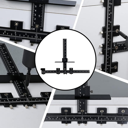 Black metal measuring square and ruler set shown in multiple close-up views with a circular inset diagram of the central T-shaped crossbar.