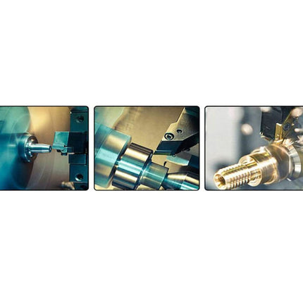 Three images showing a mechanical process with metal components on a white background