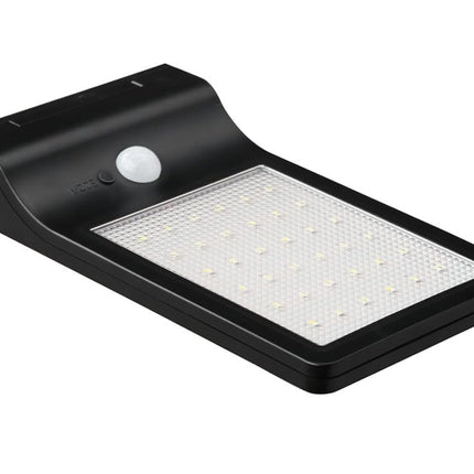 Black solar-powered outdoor light with LED panel on a white background