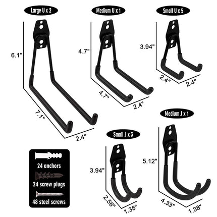 Set of black hooks with measurements on a white background