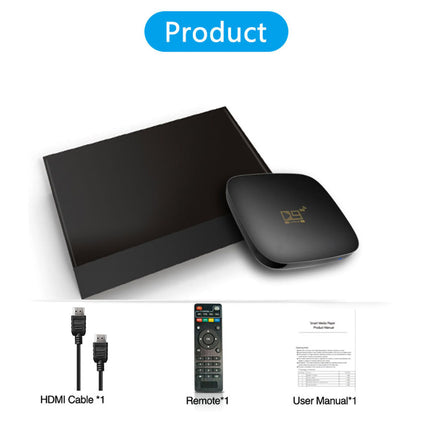Black electronic device with remote control, HDMI cable, and user manual on a white background.