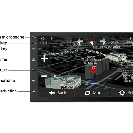 Car multimedia system display with labeled buttons on a white background