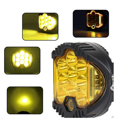 A black and amber LED fog light shown on a white background, with four inset images demonstrating different light patterns and glow directions.