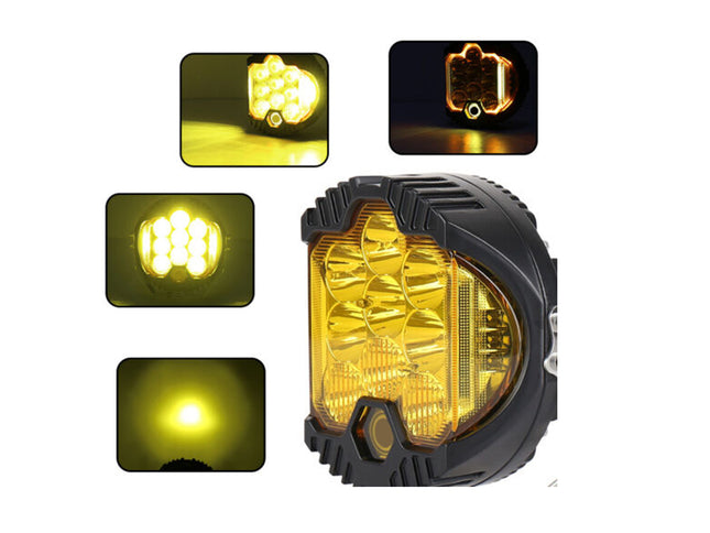 A black and amber LED fog light shown on a white background, with four inset images demonstrating different light patterns and glow directions.