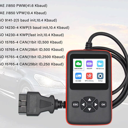 Car diagnostic tool with display and cable on a white background