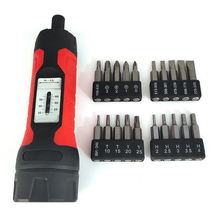 A cordless electric screwdriver with a red and black handle and an integrated temperature gauge, shown next to six sets of interchangeable driver bits on a white background.