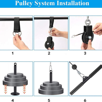 Instruction diagram titled 'Pulley System Installation' showing six numbered steps for mounting and using a pulley weight system, with a blue header and black-and-white panels.