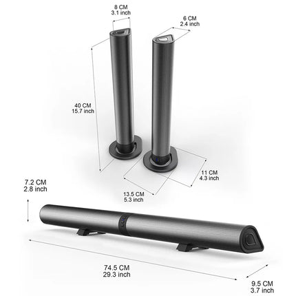 Black electronic device with dimensions labeled on a white background