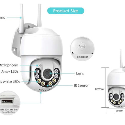 White dome-style security camera shown on a light gray background with callout labels for features such as dual antenna, microphone, speaker, lens, IR sensor, and micro SD card slot, plus a smaller side dimension view with measurements.
