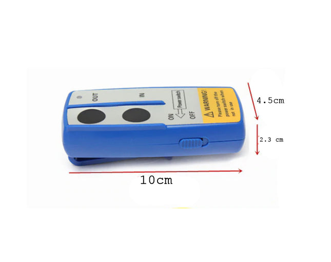 Blue electronic device with measurements on a white background